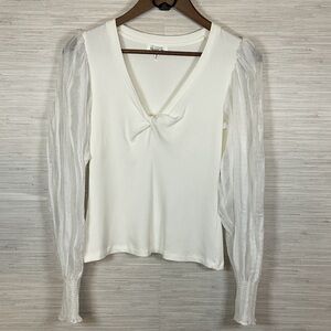 Heartloom Long Sleeve White Rib Knit Twist Front Gauze Sleeve Top Medium V Neck
